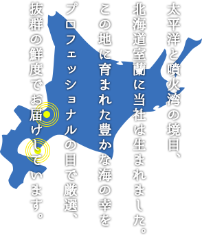 太平洋と噴火湾の境目、北海道室蘭に当社は生まれました。この地に育まれた豊かな海の幸をプロフェッショナルの目で厳選、抜群の鮮度でお届けしています。